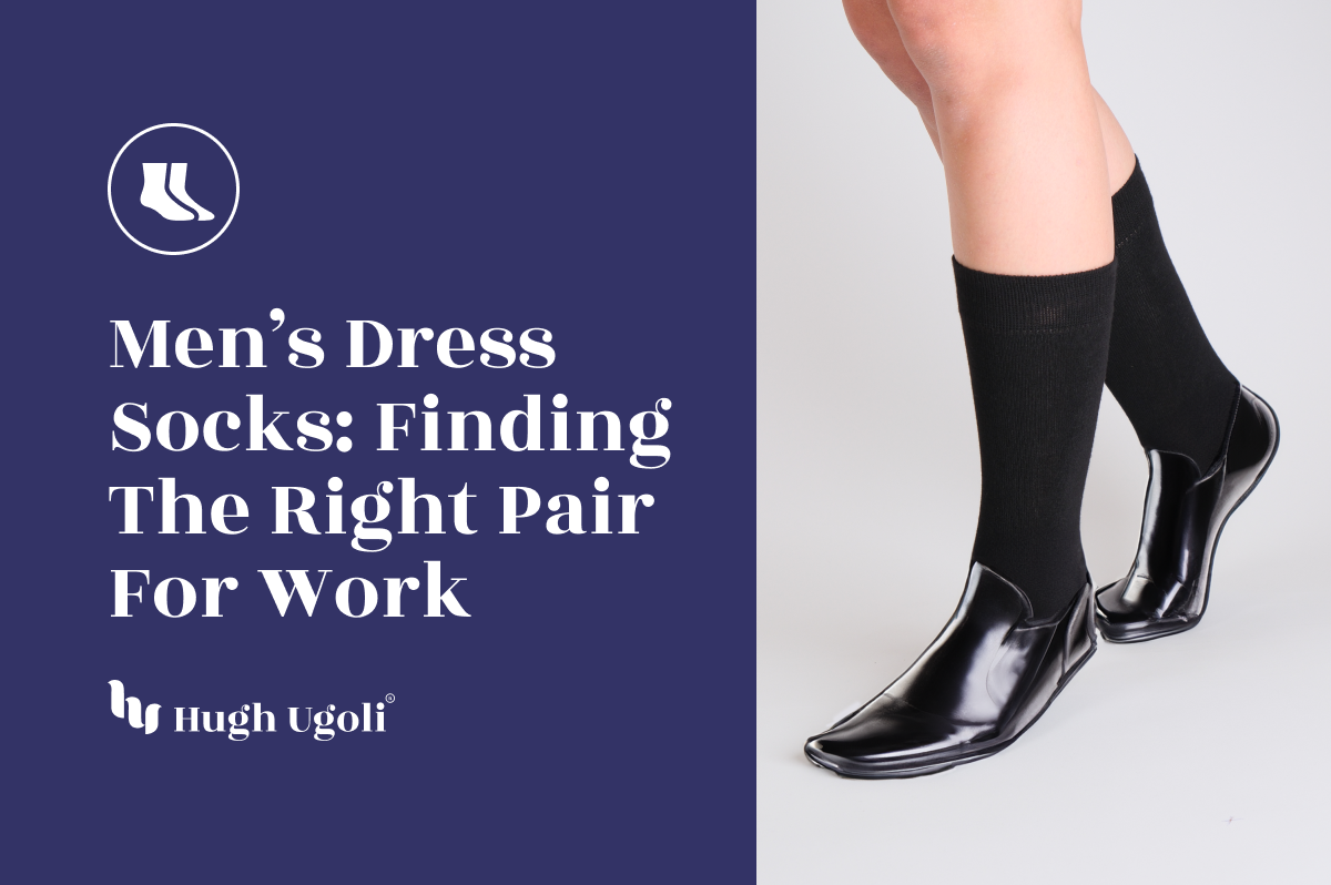 A professional look featuring black Hugh Ugoli dress socks paired with shiny black dress shoes, ideal for the workplace.